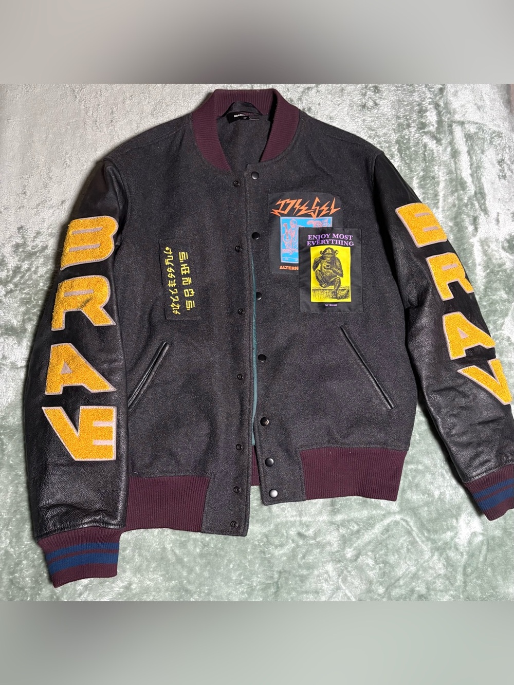 Diesel Men's Black & Burgundy Patchwork Varsity Jacket. Wool & Leather